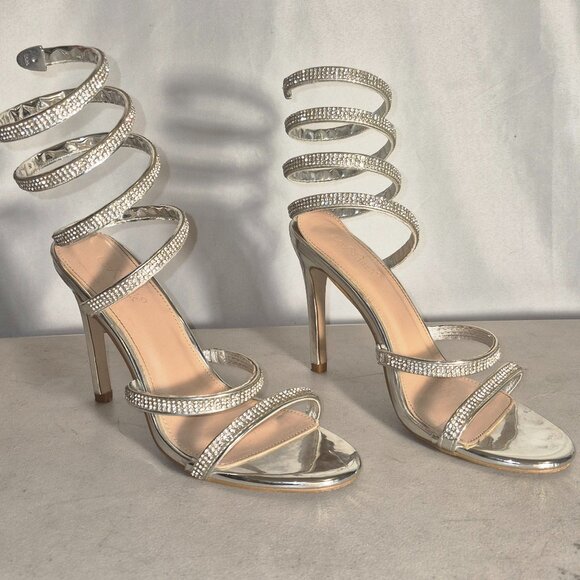 Lov Mark Spiral leg wrap 4" heels, silver and rhinestone in size 6.5 - Picture 2 of 16